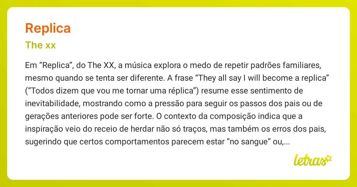 Significado da música REPLICA (The xx) - LETRAS.MUS.BR