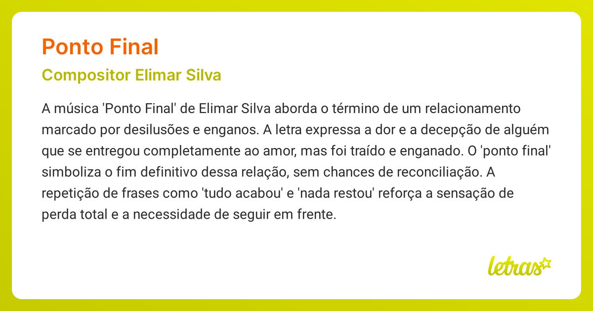 Significado da música PONTO FINAL (Compositor Elimar Silva) - LETRAS.MUS.BR