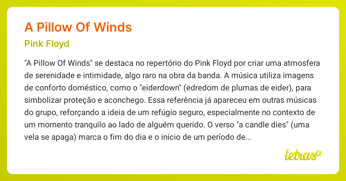 Significado da música A PILLOW OF WINDS (Pink Floyd) LETRAS.MUS.BR