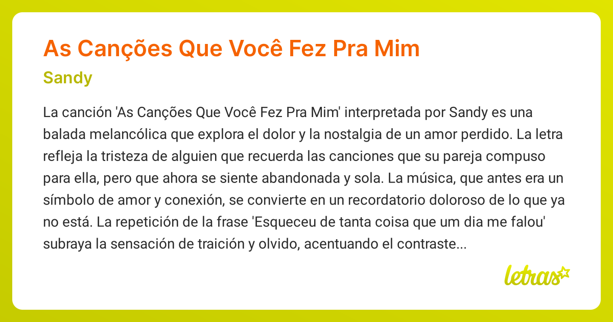 Significado de la canción As Canções Que Você Fez Pra Mim (Sandy ...