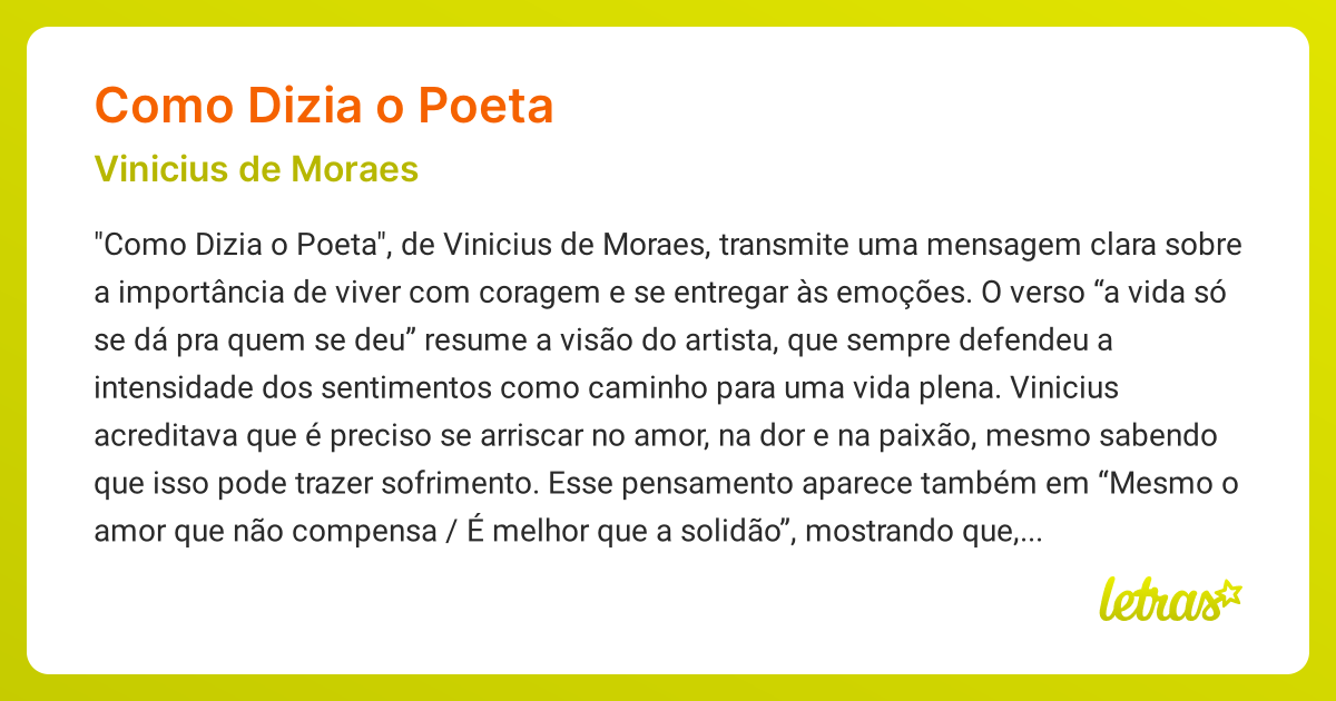 Significado da música COMO DIZIA O POETA (Vinicius de Moraes) - LETRAS ...