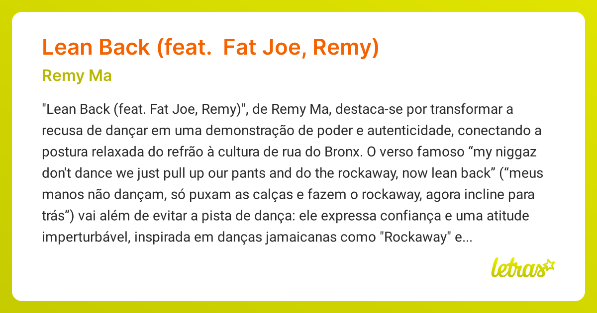 Significado da música Lean Back (feat. Fat Joe, Remy) (Remy Ma ...