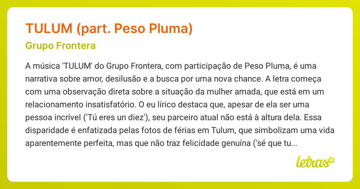 Significado da música TULUM (PART. PESO PLUMA) (Grupo Frontera ...