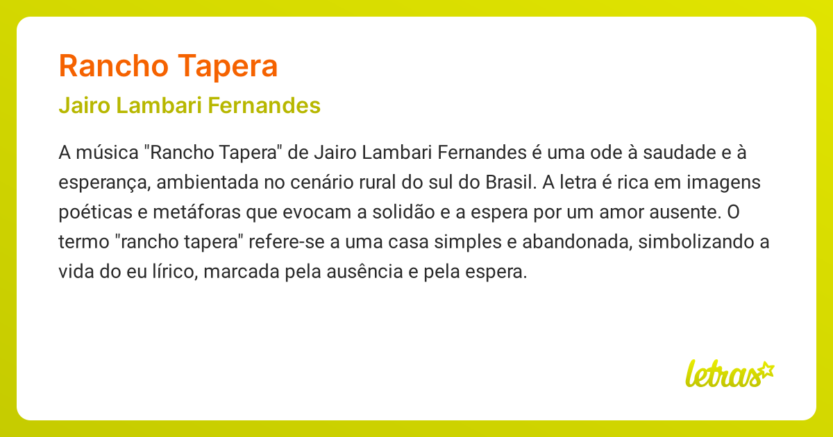 Significado da música RANCHO TAPERA (Jairo Lambari Fernandes) - LETRAS ...