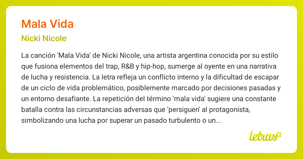 Significado de la canción MALA VIDA (Nicki Nicole) - LETRAS.COM