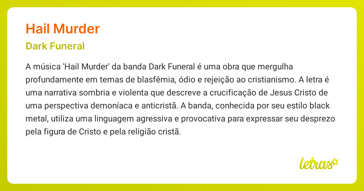 Significado da música HAIL MURDER (Dark Funeral) - LETRAS.MUS.BR