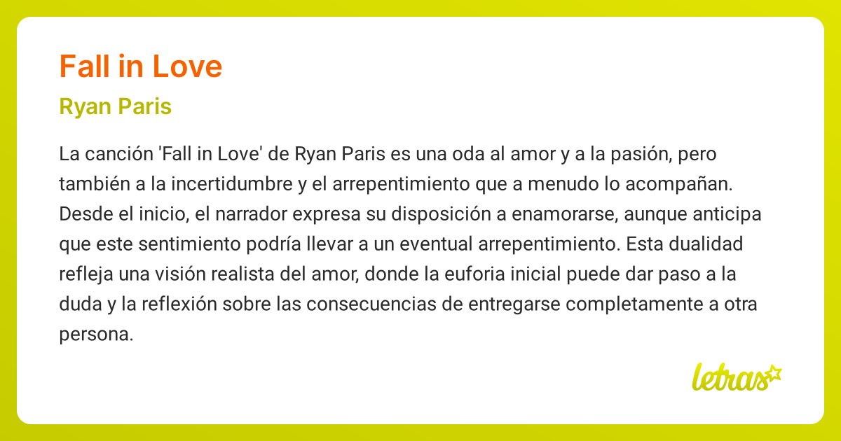 Significado de la canción FALL IN LOVE (Ryan Paris) - LETRAS.COM