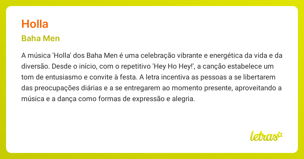 Significado da música HOLLA (Baha Men) - LETRAS.MUS.BR