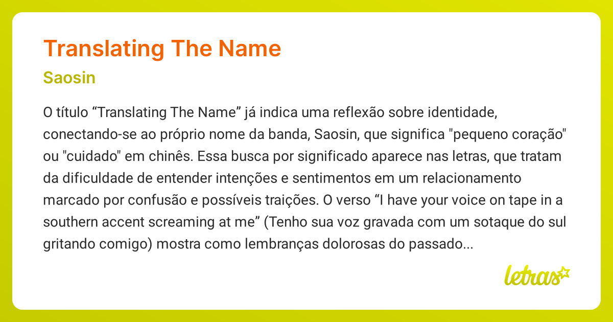 Significado da música TRANSLATING THE NAME (Saosin) - LETRAS.MUS.BR
