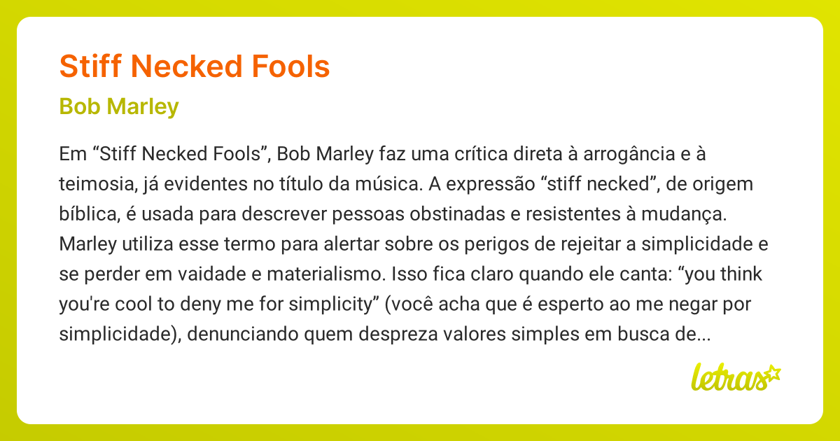 Significado da música STIFF NECKED FOOLS (Bob Marley