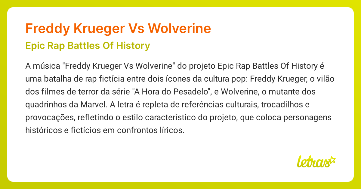 Significado da música FREDDY KRUEGER VS WOLVERINE (Epic Rap Battles Of