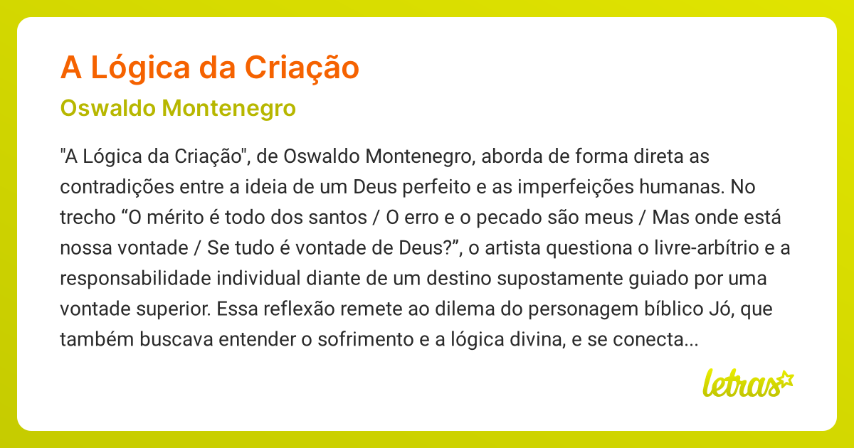 Significado da música A LÓGICA DA CRIAÇÃO (Oswaldo Montenegro) - LETRAS ...