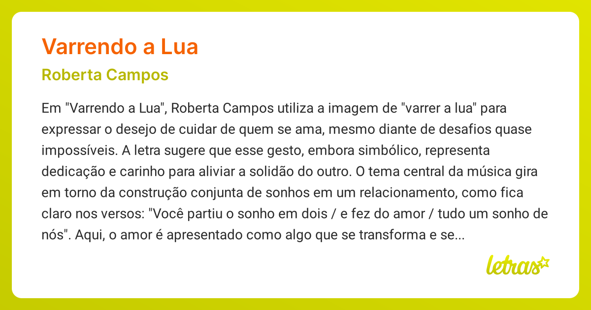 Significado da música VARRENDO A LUA (Roberta Campos) - LETRAS.MUS.BR