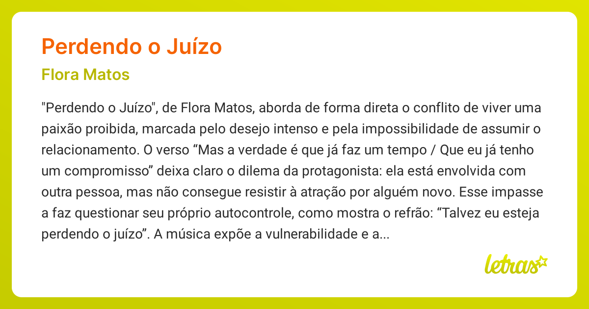 Significado da música PERDENDO O JUÍZO (Flora Matos) - LETRAS.MUS.BR