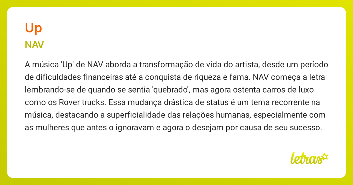 Significado da música UP (NAV) - LETRAS.MUS.BR