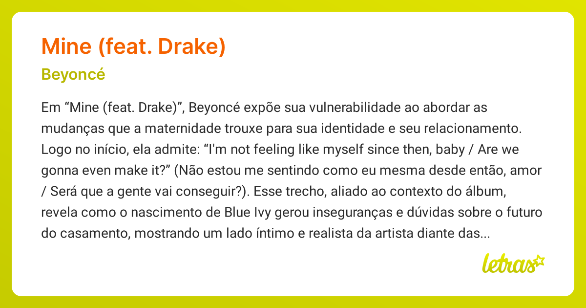 Significado da música MINE (FEAT. DRAKE) (Beyoncé) - LETRAS.MUS.BR