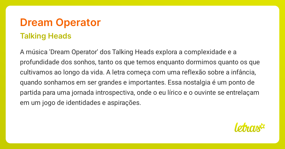 Significado da música DREAM OPERATOR (Talking Heads) - LETRAS.MUS.BR