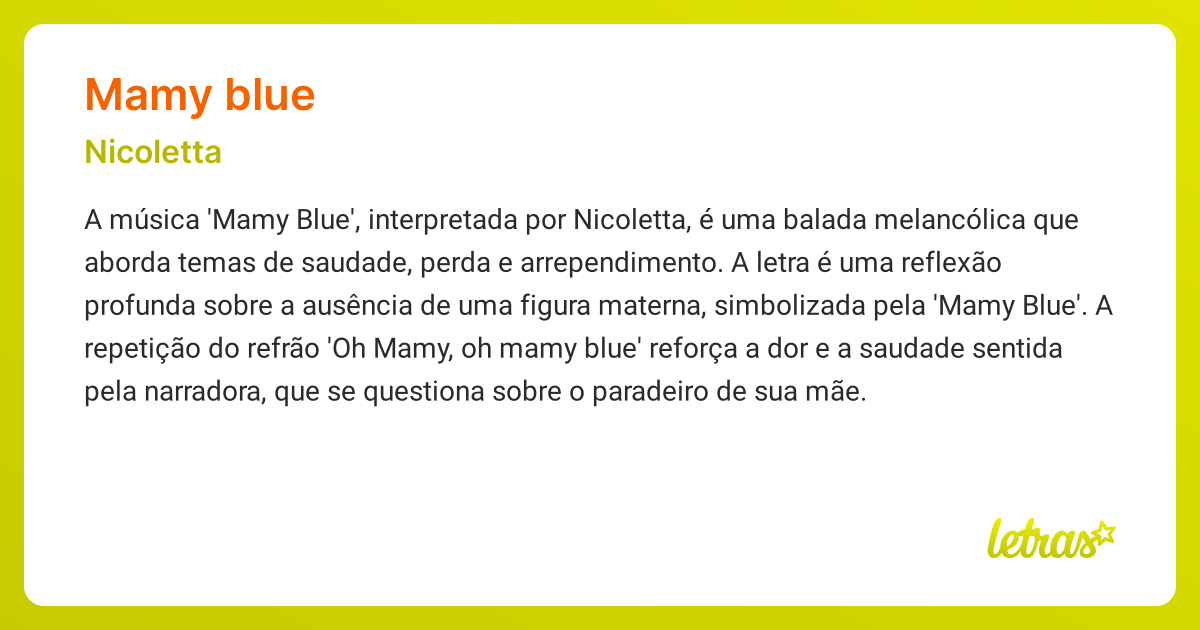 Significado da música MAMY BLUE (Nicoletta) - LETRAS.MUS.BR