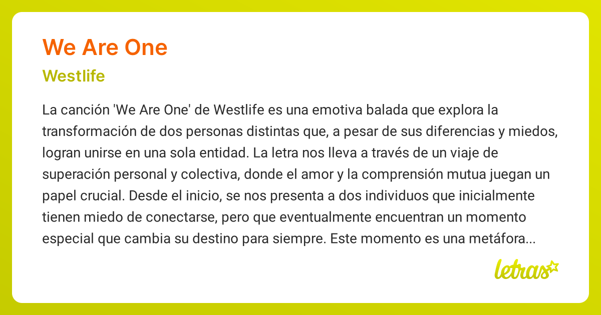 Significado de la canción WE ARE ONE (Westlife) - LETRAS.COM