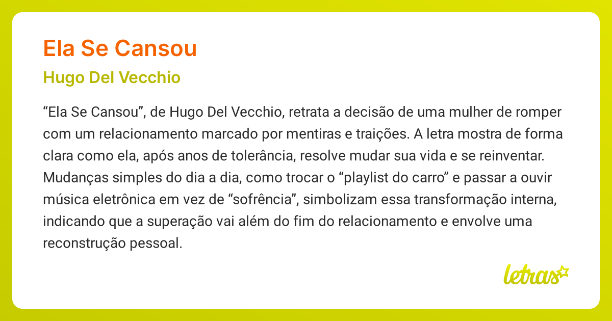 Significado da música ELA SE CANSOU (Hugo Del Vecchio) - LETRAS.MUS.BR