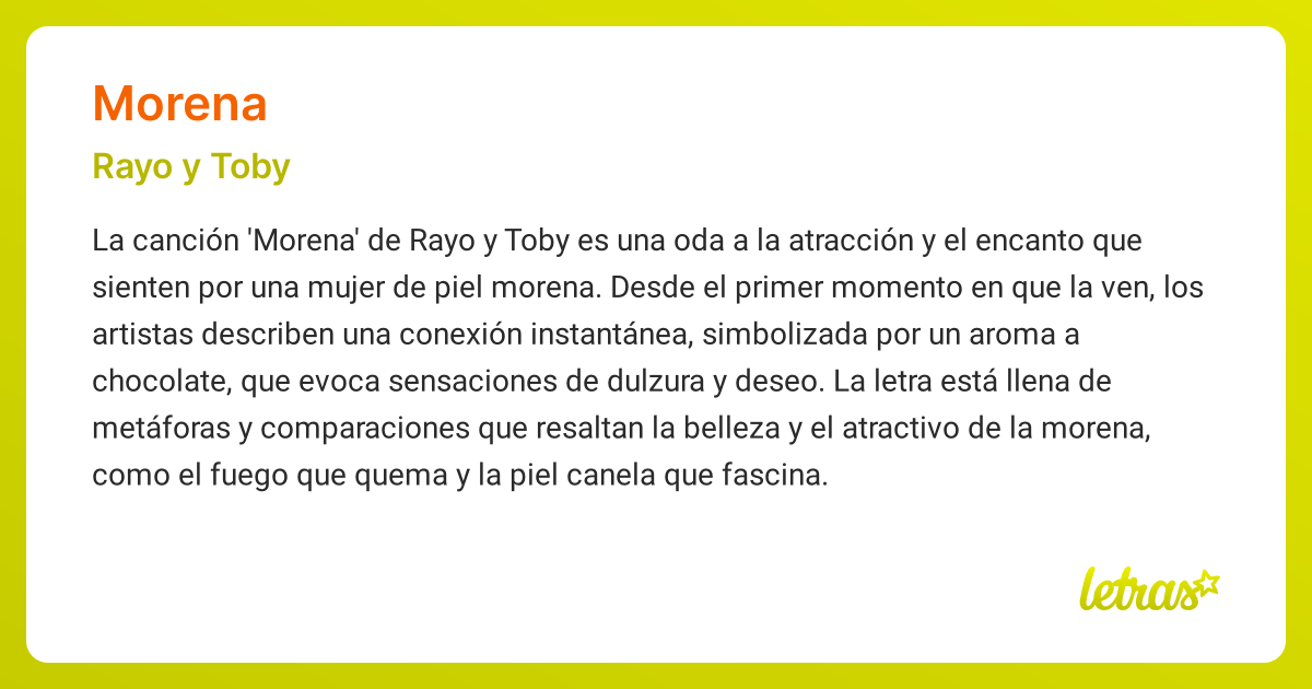 Significado de la canción MORENA (Rayo y Toby) - LETRAS.COM