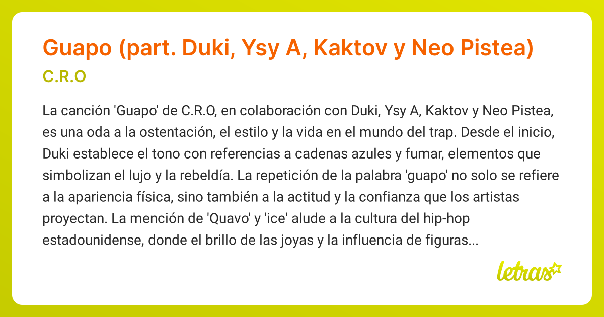 Significado de la canción Guapo (part. Duki, Ysy A, Kaktov y Neo Pistea ...
