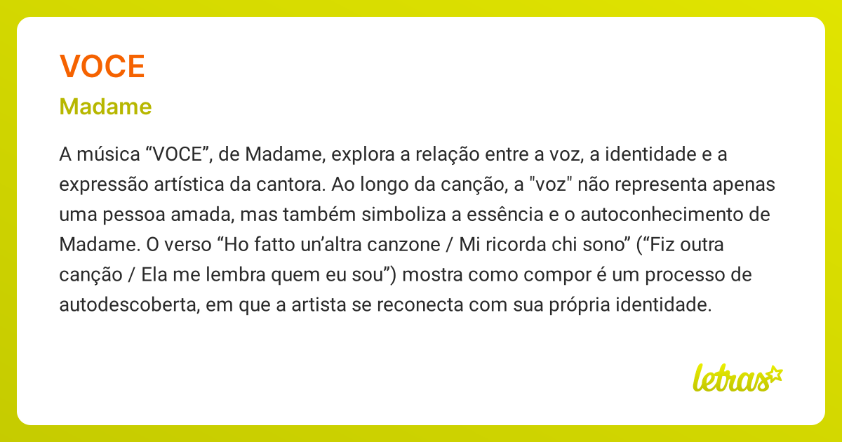 Significado da música VOCE (Madame) - LETRAS.MUS.BR