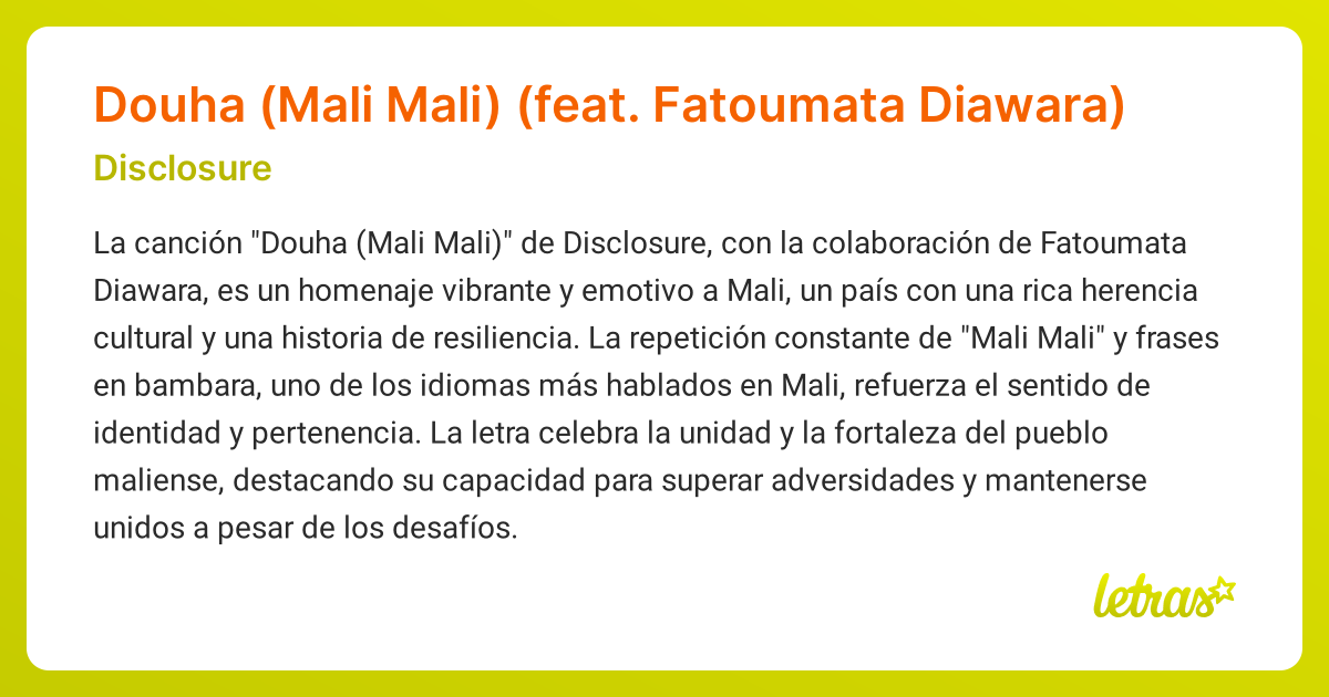 Significado de la canción Douha (Mali Mali) (feat. Fatoumata Diawara ...