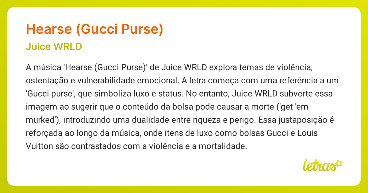 Significado da música HEARSE (GUCCI PURSE) (Juice WRLD) LETRAS.MUS.BR