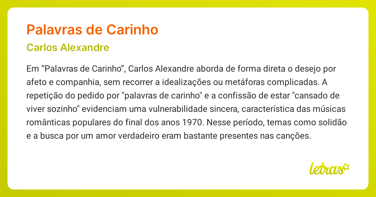 Significado da música PALAVRAS DE CARINHO (Carlos Alexandre) - LETRAS ...