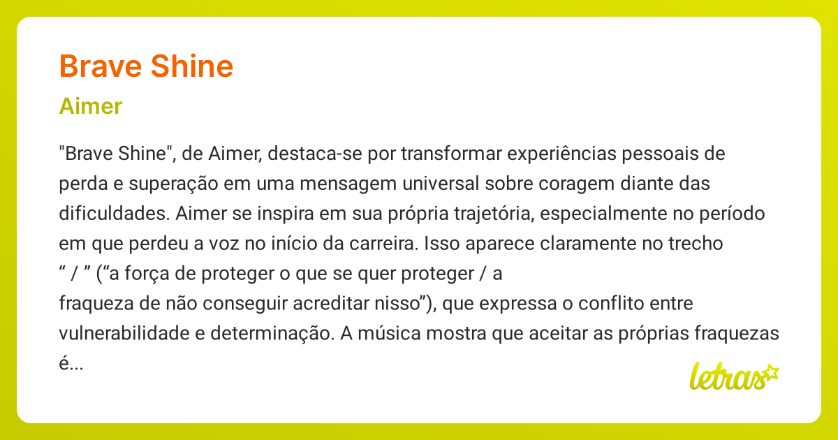 Significado da música BRAVE SHINE (Aimer) - LETRAS.MUS.BR