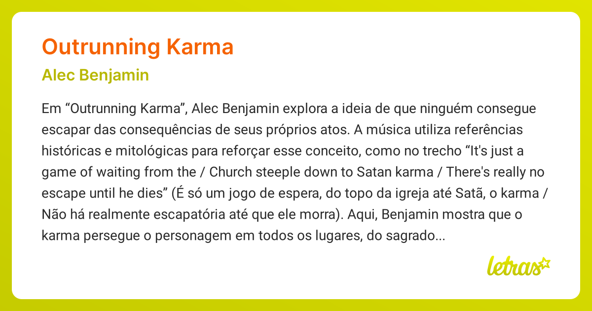 Significado da música OUTRUNNING KARMA (Alec Benjamin) - LETRAS.MUS.BR