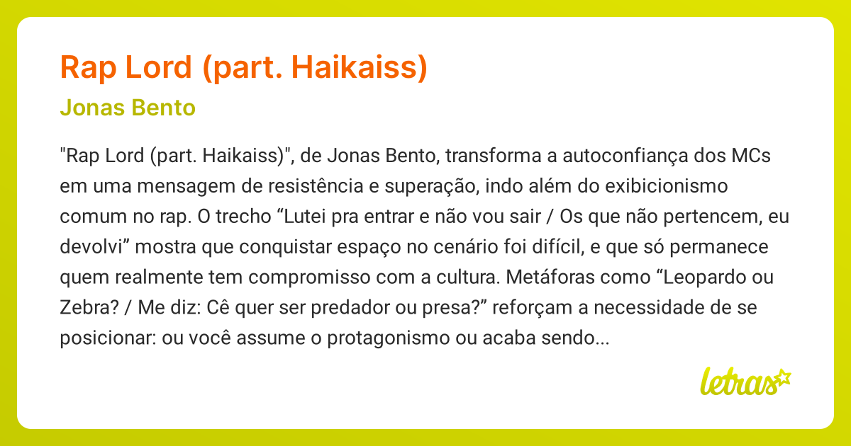 Significado da música RAP LORD (PART. HAIKAISS) (Jonas Bento