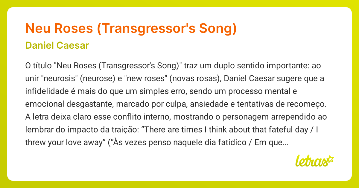 Significado da música Neu Roses (Transgressor's Song) (Daniel Caesar ...