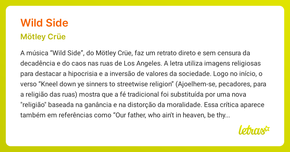 Significado da música WILD SIDE (Mötley Crüe) - LETRAS.MUS.BR