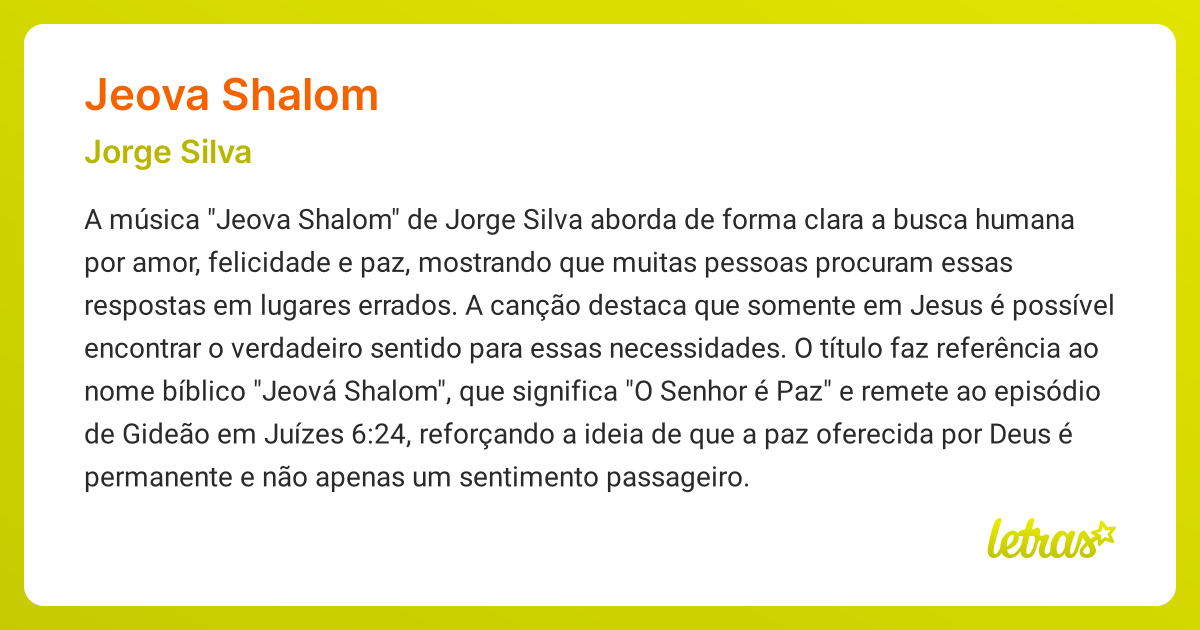 Significado da música JEOVA SHALOM (Jorge Silva) - LETRAS.MUS.BR