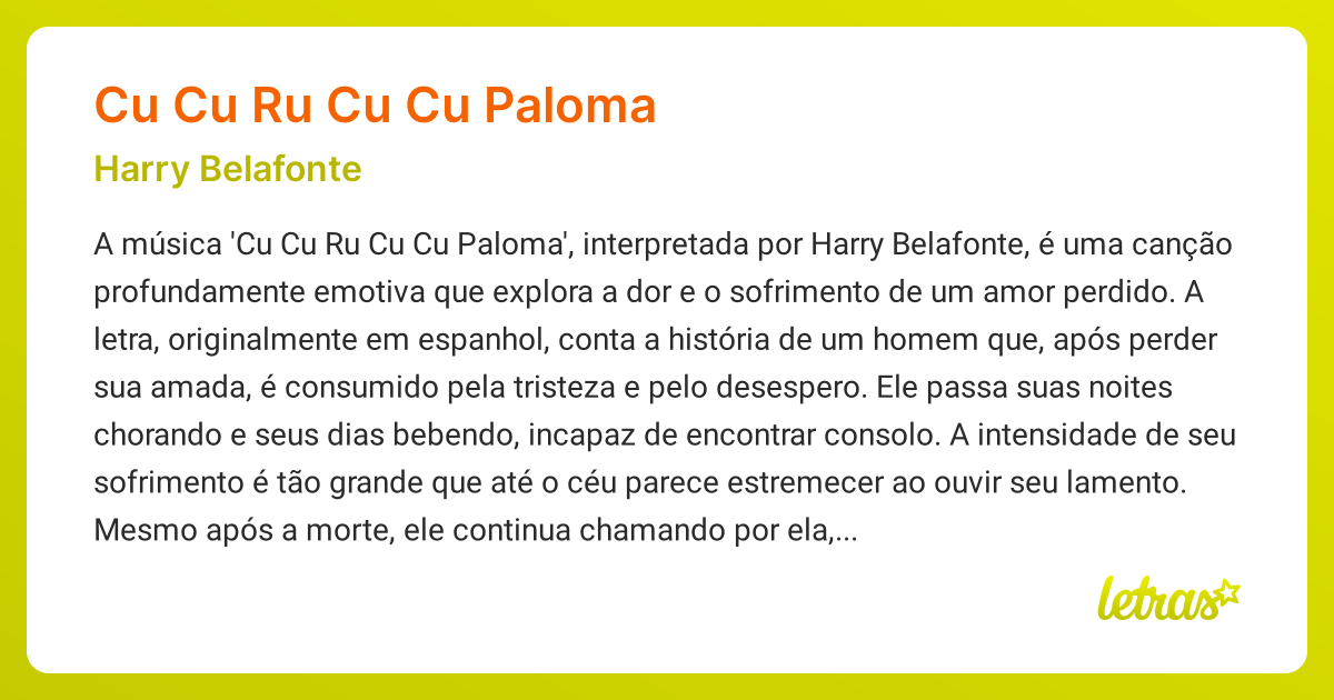 Significado da música CU CU RU CU CU PALOMA (Harry Belafonte) - LETRAS ...