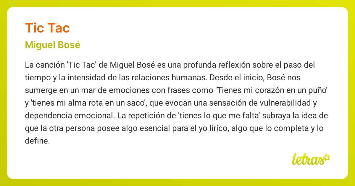 Significado de la cancion TIC TAC Miguel Bose LETRAS.COM