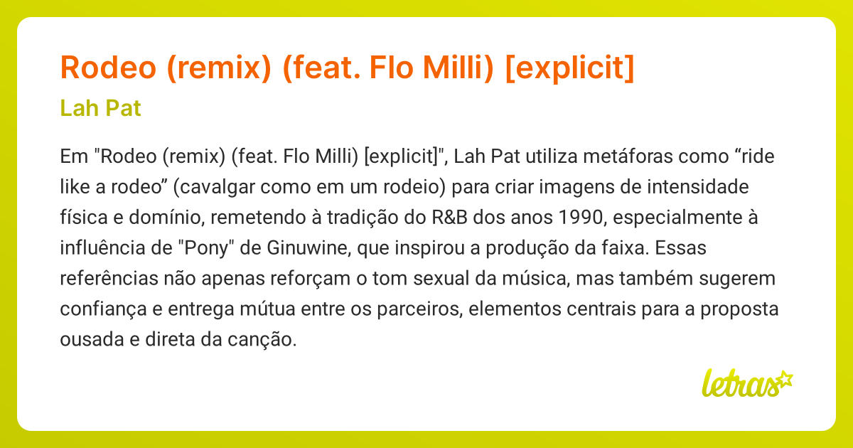 Significado da música Rodeo (remix) (feat. Flo Milli) [explicit] (Lah ...