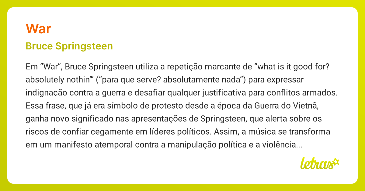 Significado da música WAR (Bruce Springsteen) - LETRAS.MUS.BR