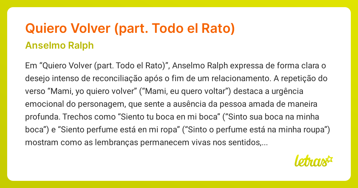 Significado da música Quiero Volver (part. Todo el Rato) (Anselmo Ralph ...