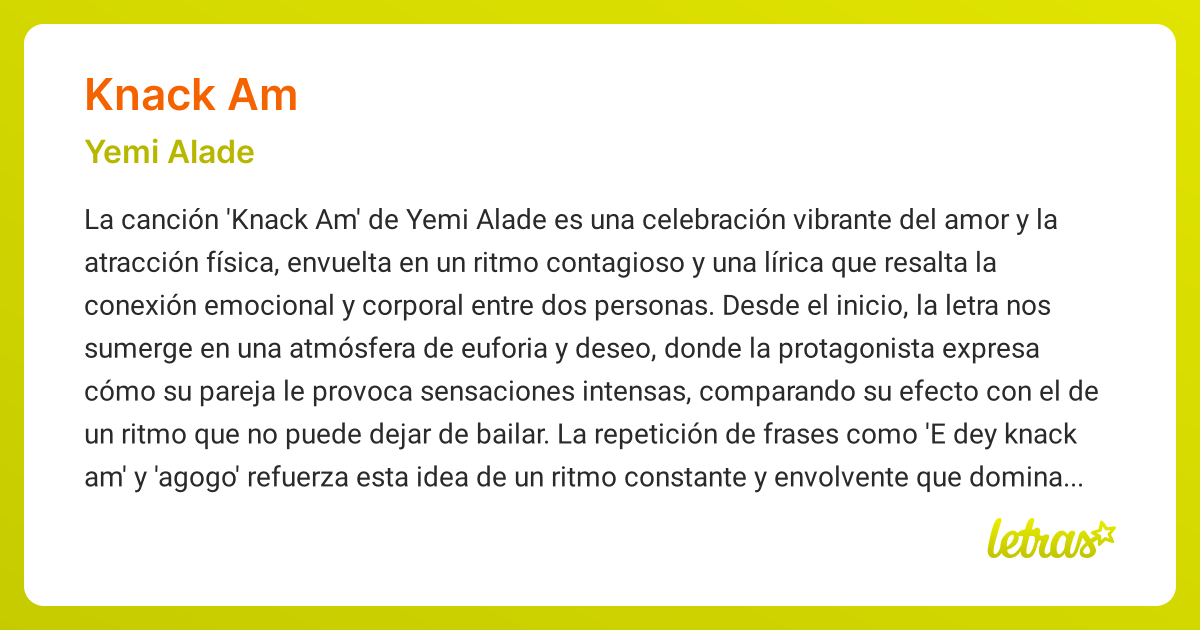 Significado de la canción KNACK AM (Yemi Alade) - LETRAS.COM