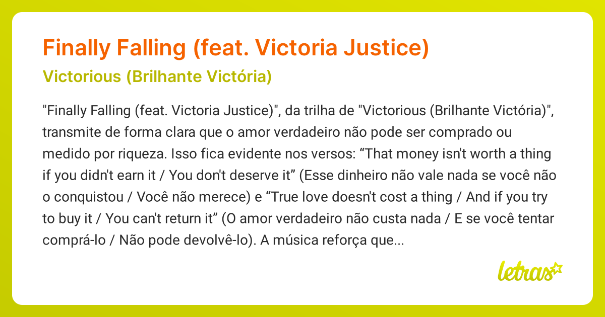 Significado da música Finally Falling (feat. Victoria Justice ...