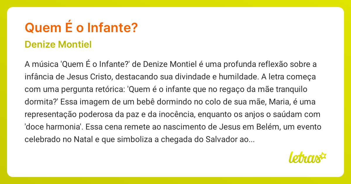 Significado da música QUEM É O INFANTE? (Denize Montiel) - LETRAS.MUS.BR