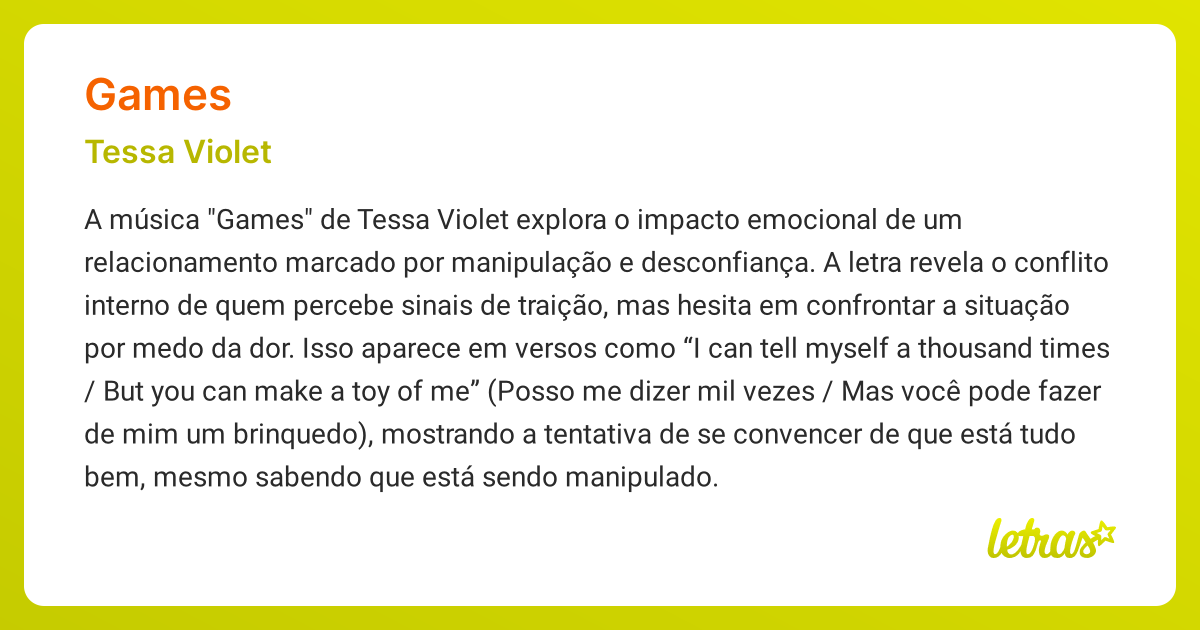 Significado da música GAMES (Tessa Violet) - LETRAS.MUS.BR