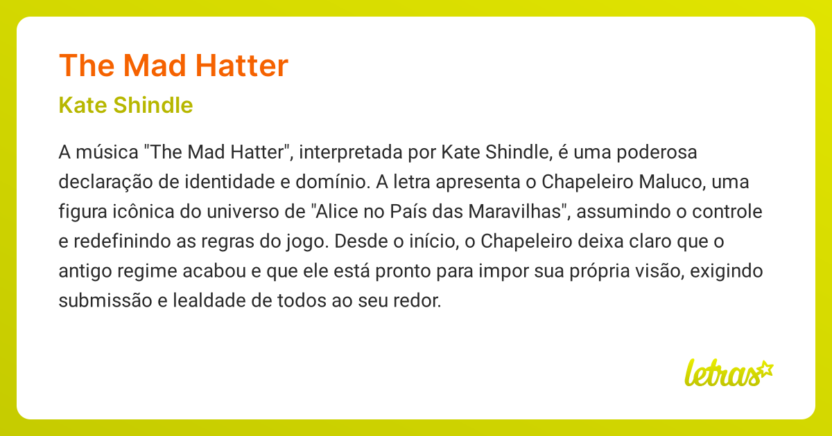 Significado da música THE MAD HATTER (Kate Shindle) - LETRAS.MUS.BR