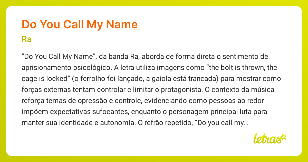 Significado da música DO YOU CALL MY NAME (Ra) - LETRAS.MUS.BR