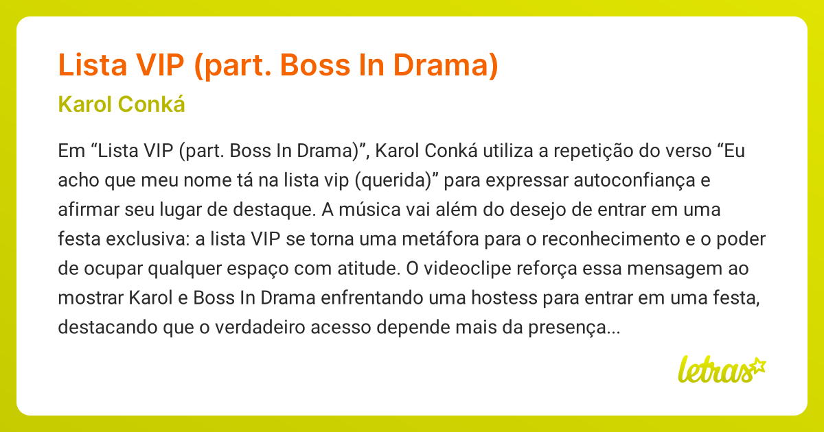 Significado da música Lista VIP (part. Boss In Drama) (Karol Conká ...