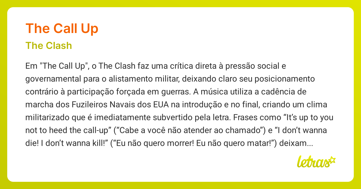 Significado da música THE CALL UP (The Clash) - LETRAS.MUS.BR