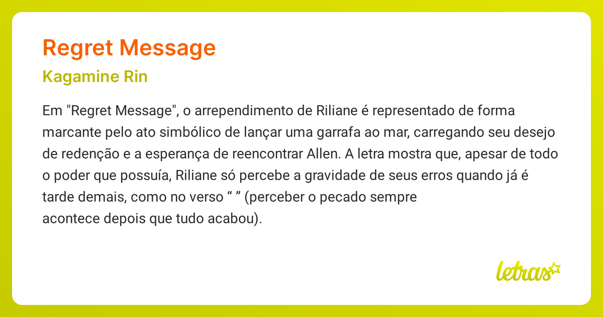 Significado da música REGRET MESSAGE (Kagamine Rin) - LETRAS.MUS.BR